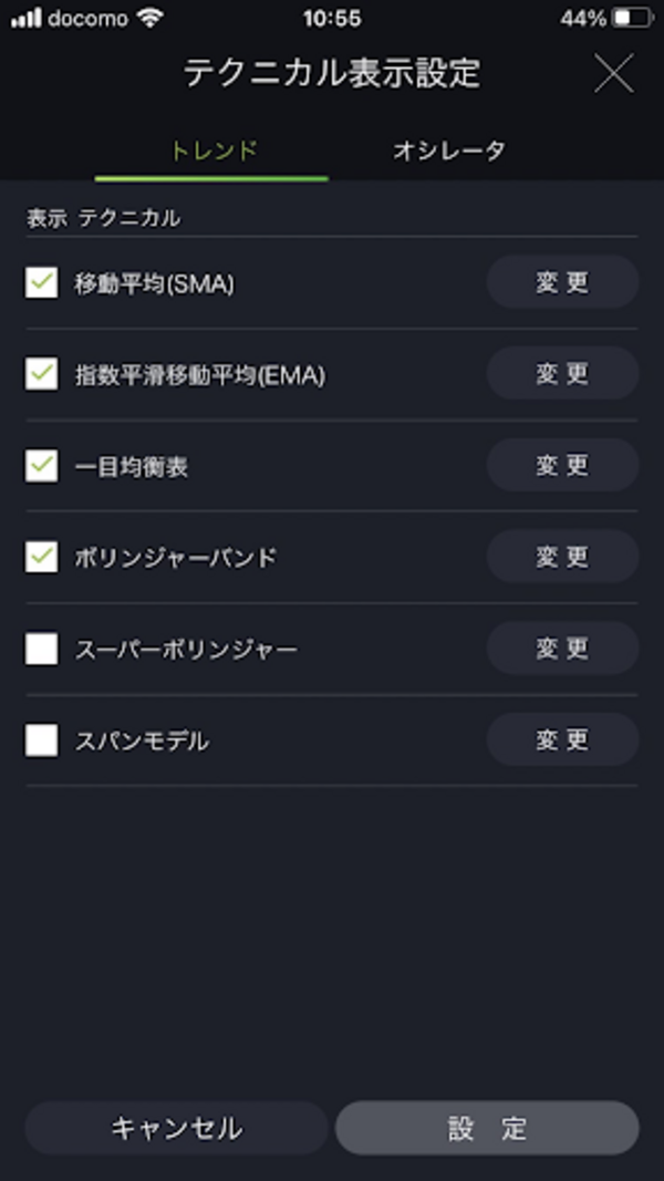 スマホアプリ「DMM FX」(テクニカル指標設定)