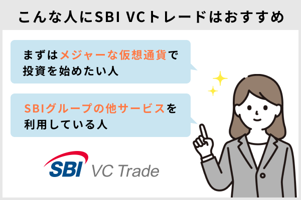 SBI VCトレードは、「まずはメジャーな仮想通貨で投資を始めたい人」や「SBIグループの他サービスを利用している」におすすめです。
