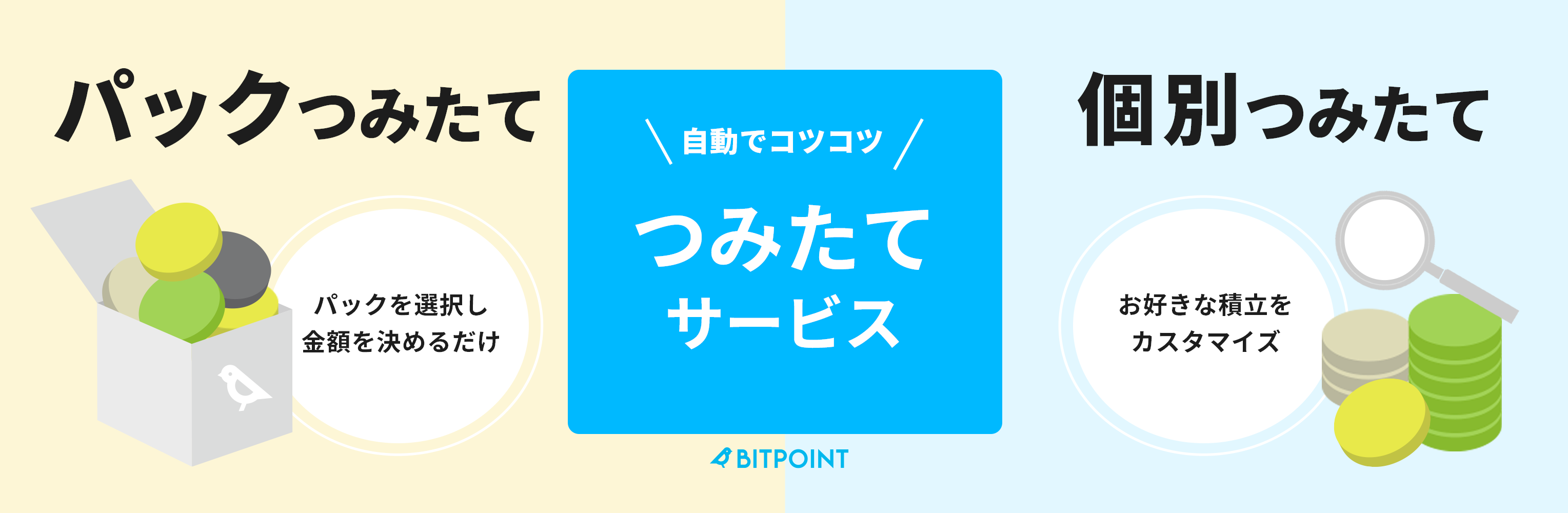 BITPOINTの自動でコツコツつみたてサービス|パックつみたて（パックを選択し金額を決めるだけ）と個別つみたて（お好きな積立をカスタマイズ）