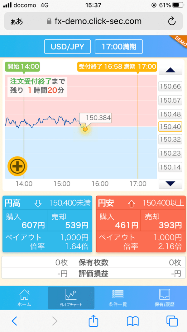 iClick外為OPのデモ取引画面