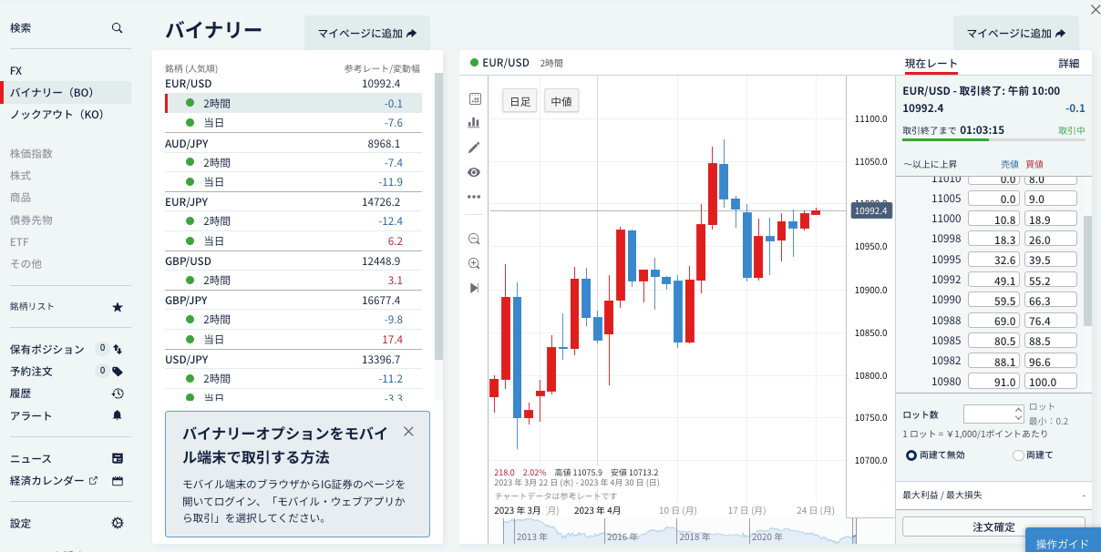 IG証券バイナリーオプションの取引画面