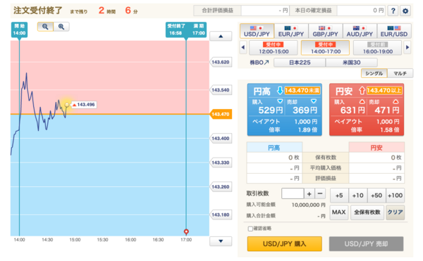 外為オプションのデモ取引画面(通貨ペア選択)