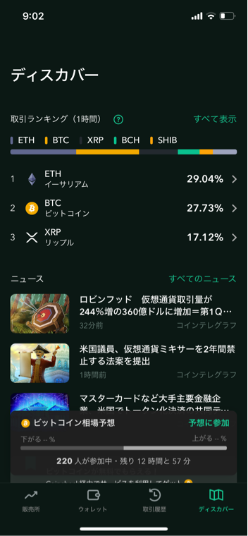 Coincheckのアプリのディスカバー画面