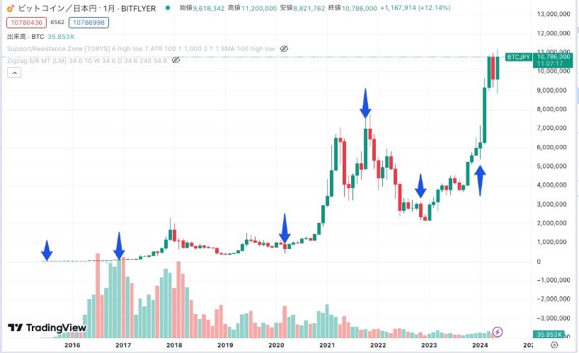 TradingViewのビットコインチャート画面(過去から現在まで)
