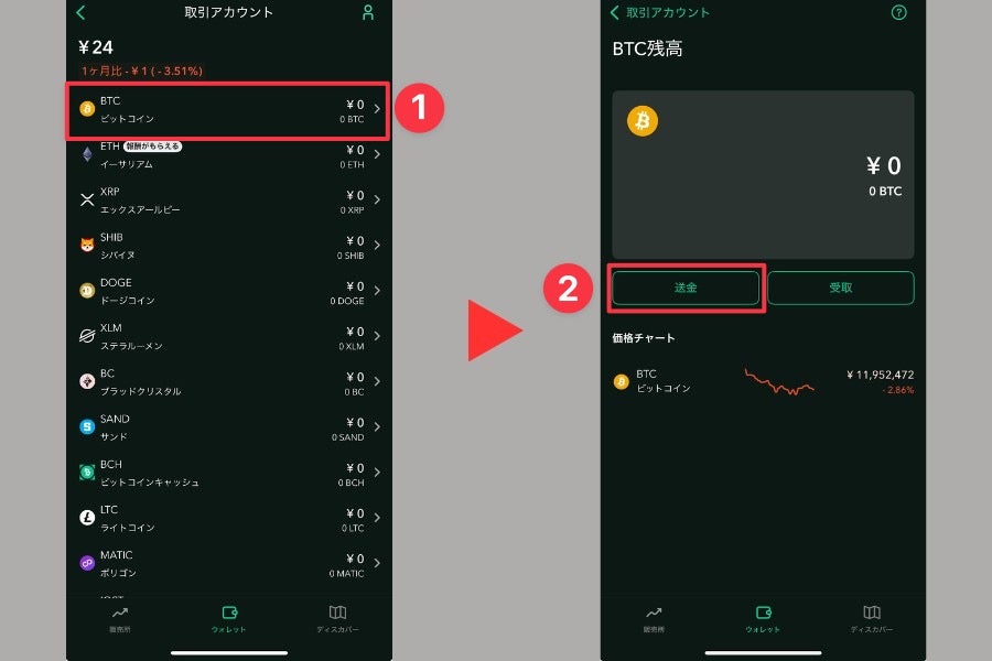 送金する通貨を選択して送金をタップ
