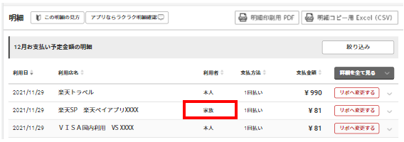 家族カードで利用した分の明細を確認したい