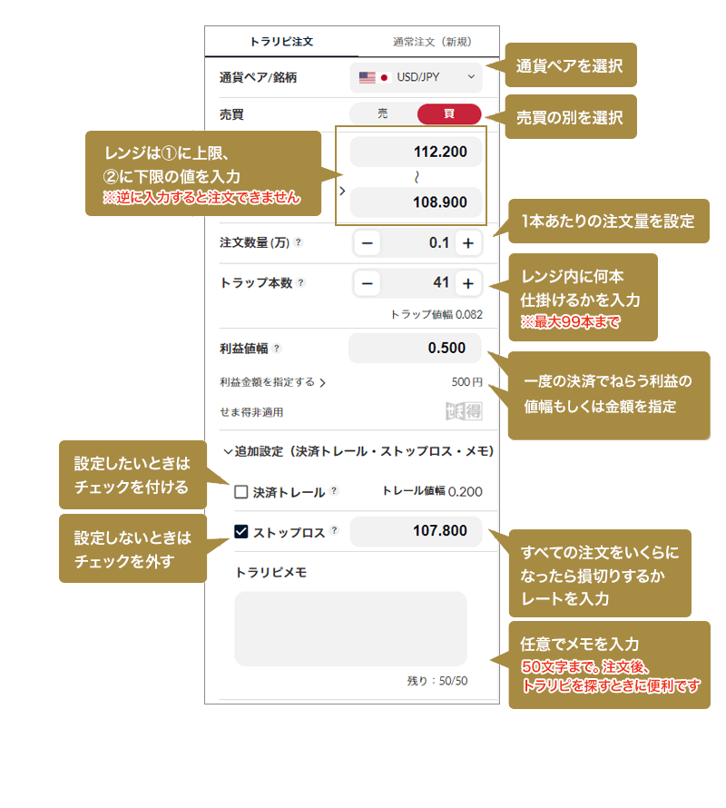 トラリピの注文画面(設定項目)