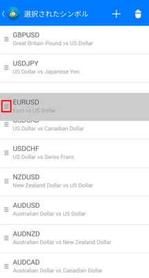通貨ペアの並び替え(三本線をタップしながら、上下にドラッグ)