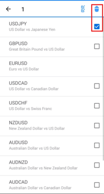 通貨ペアの削除方法(削除したい通貨ペアのチェック、再度ゴミ箱マークをタップ)