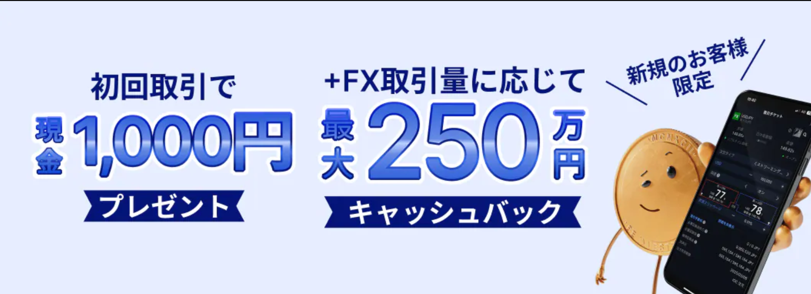 初回取引で現金1,000円プレゼント+取引量に応じて最大250万円キャッシュバック!