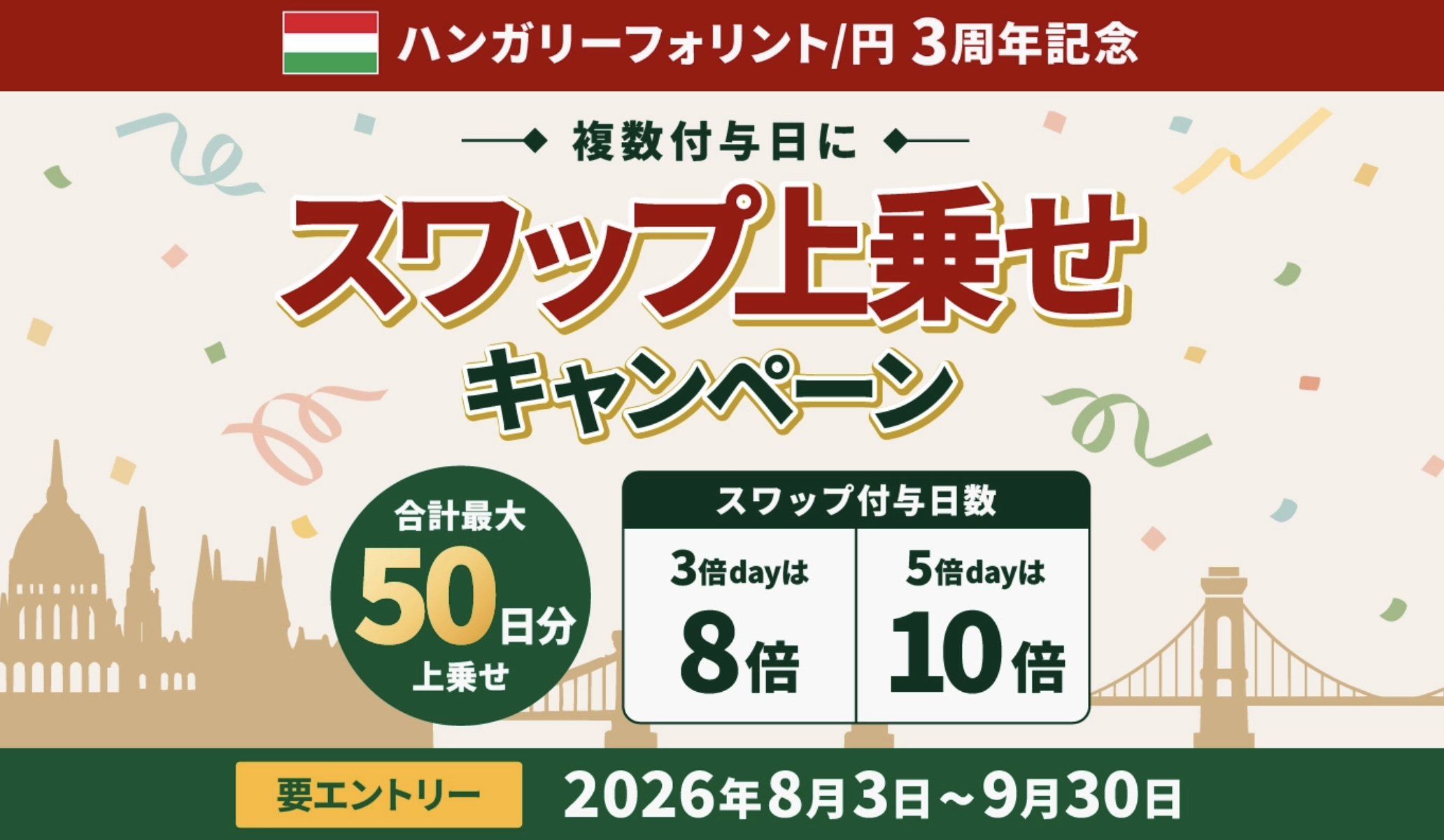 複数付与日にスワップ上乗せキャンペーン～HUF/JPYリリース3周年記念～