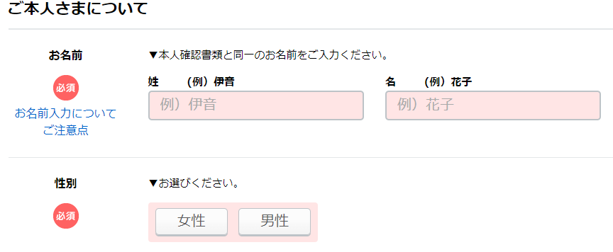 申込みフォームに氏名や生年月日を入力