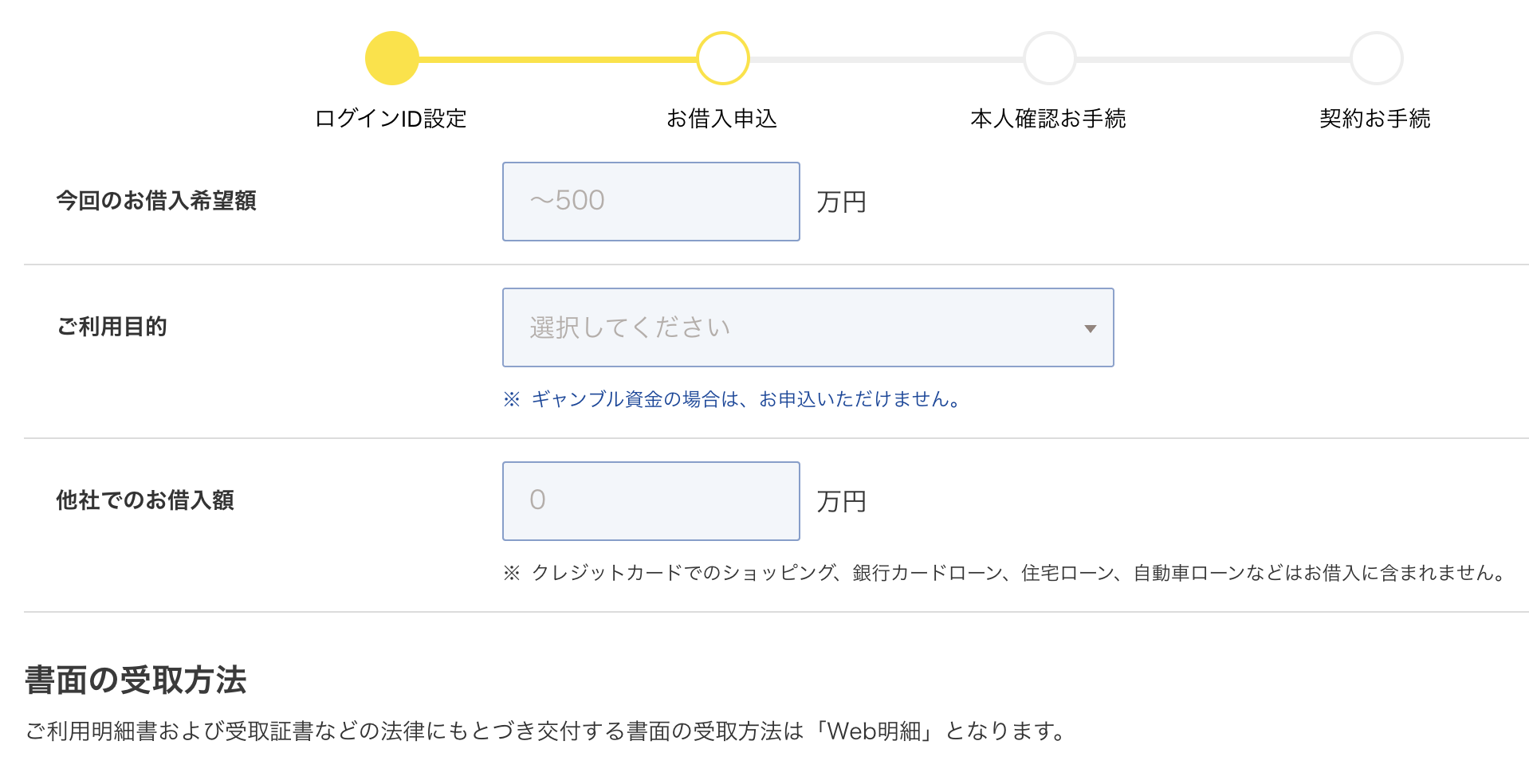 プロミスVisaカードの申込方法|契約方法や借入希望額などを入力